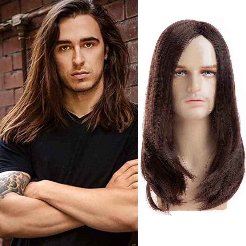 Mens Brown Long Straight Synthetic Heat-Resistant Wigs for Halloween Party Cosplay