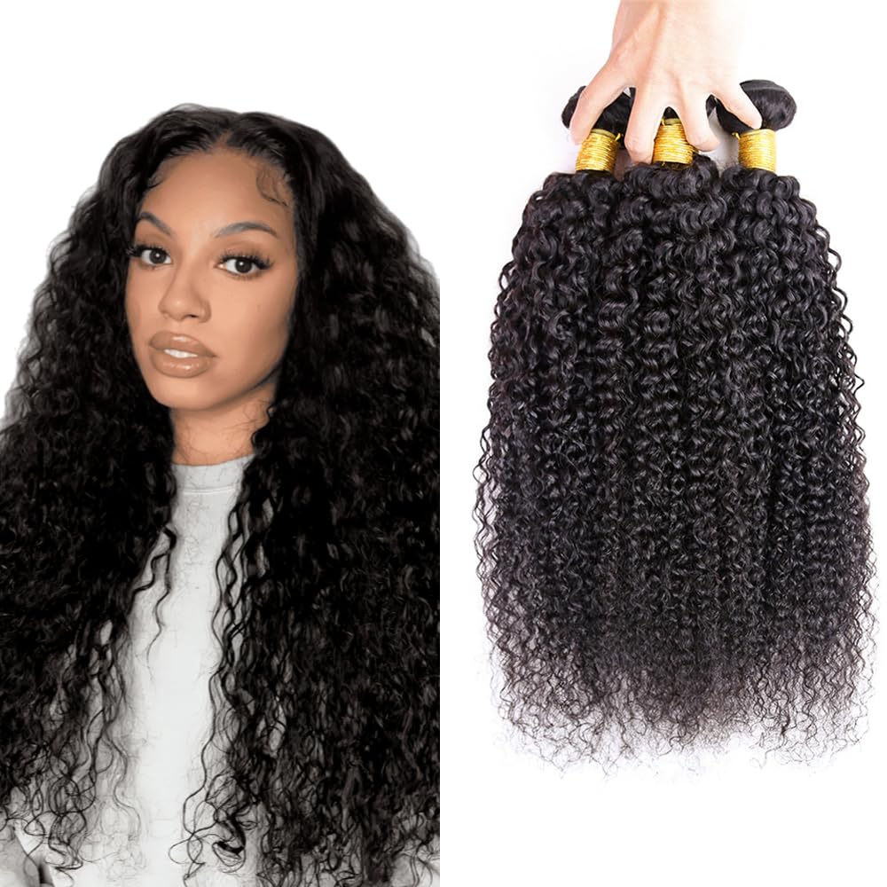 Curly Bundles Human Hair #1B Bundle Kinky Curly Human Hair Bundles Natural Black Bundle #1B Color Unprocessed Virgin Hair Extensions 16 18 20 Inch 150g