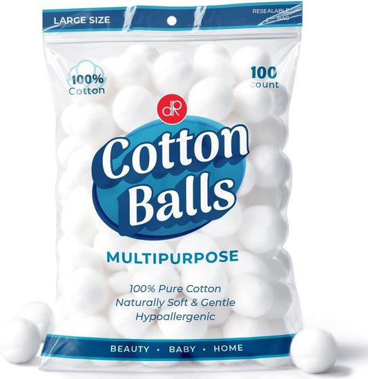 Cotton Balls - 100 Count Large Size, 100% Pure Cotton for Nail Polish & Make-Up Removal | Soft & Absorbent