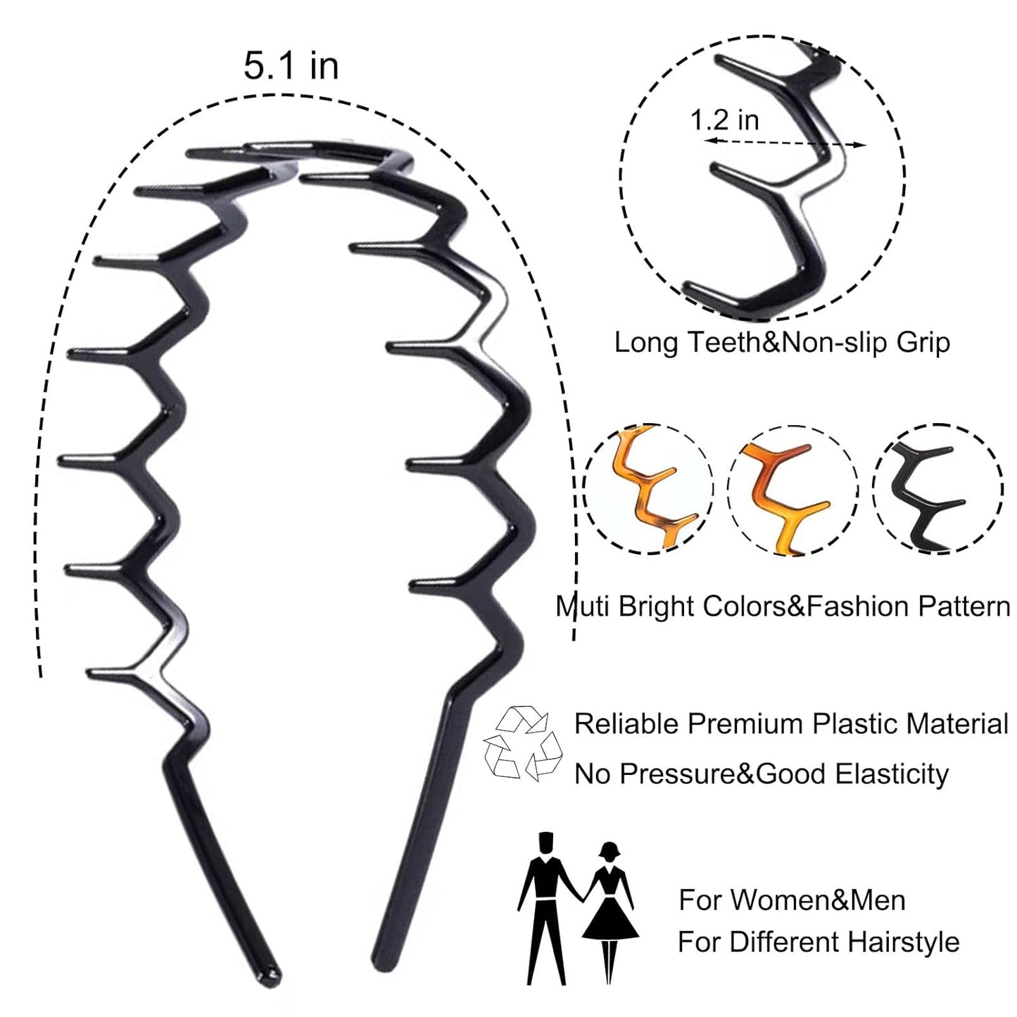 Zig Zag Hair Headbands - 6 PCS Plastic Wavy Comb Accessories for Women & Girls | Classic Black & Retro Leopard