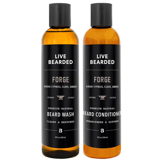 Live Bearded Beard Wash & Conditioner Kit for Men - Deep Cleansing Shampoo and Hydrating Softener, Natural Water-Based Formula, 8 oz | Forge - Hinoki Cypress, Clove, Amber