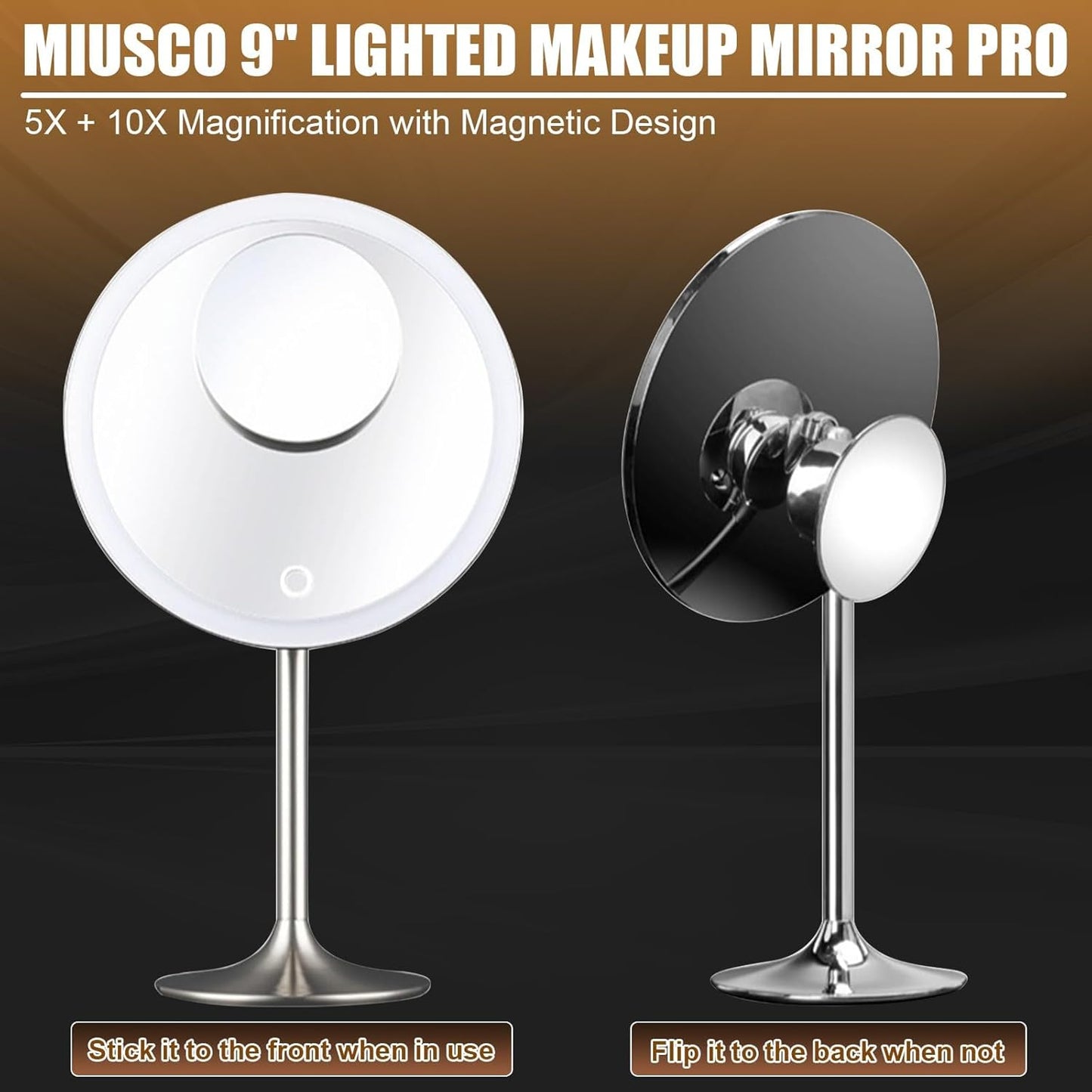 Vanity Makeup Mirror with Lights - 9-Inch, 5X & 10X Magnification, Rechargeable, Touch Dimming, Adjustable Angle