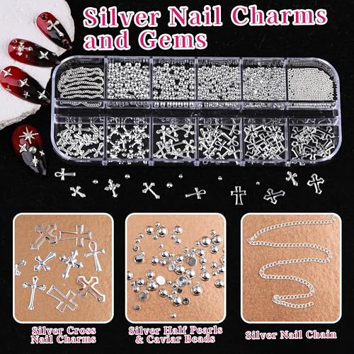 Gold Silver Nail Charms Set with Chains & Beads - 6 Boxes DIY Manicure Decor