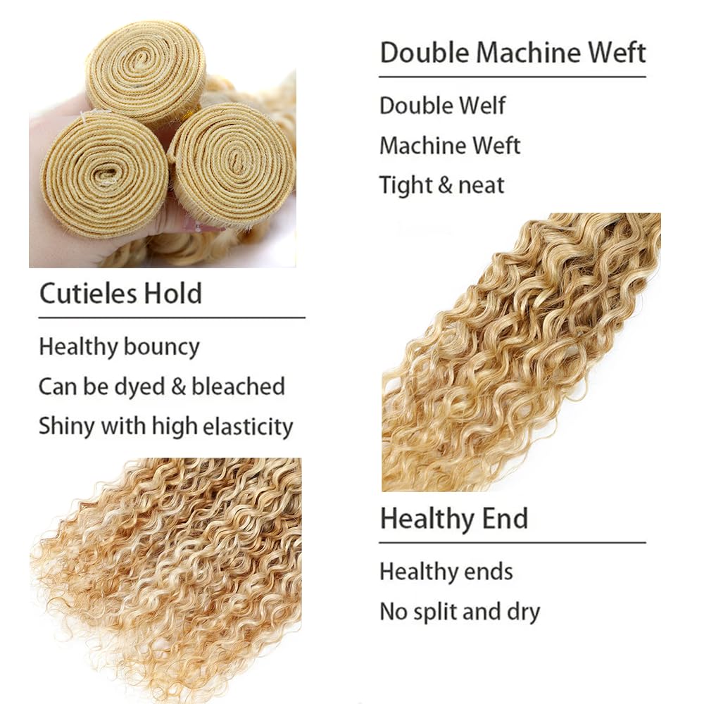 P27/613 Highlight Blonde Bundles Human Hair Water Wave Bundles 26 28 30 Inch Honey Blonde Color Water Wave Bundle Unprocessed Brazilian Virgin Weave Hair 3 Bundle 50 Gram Per Bundle for Black Women