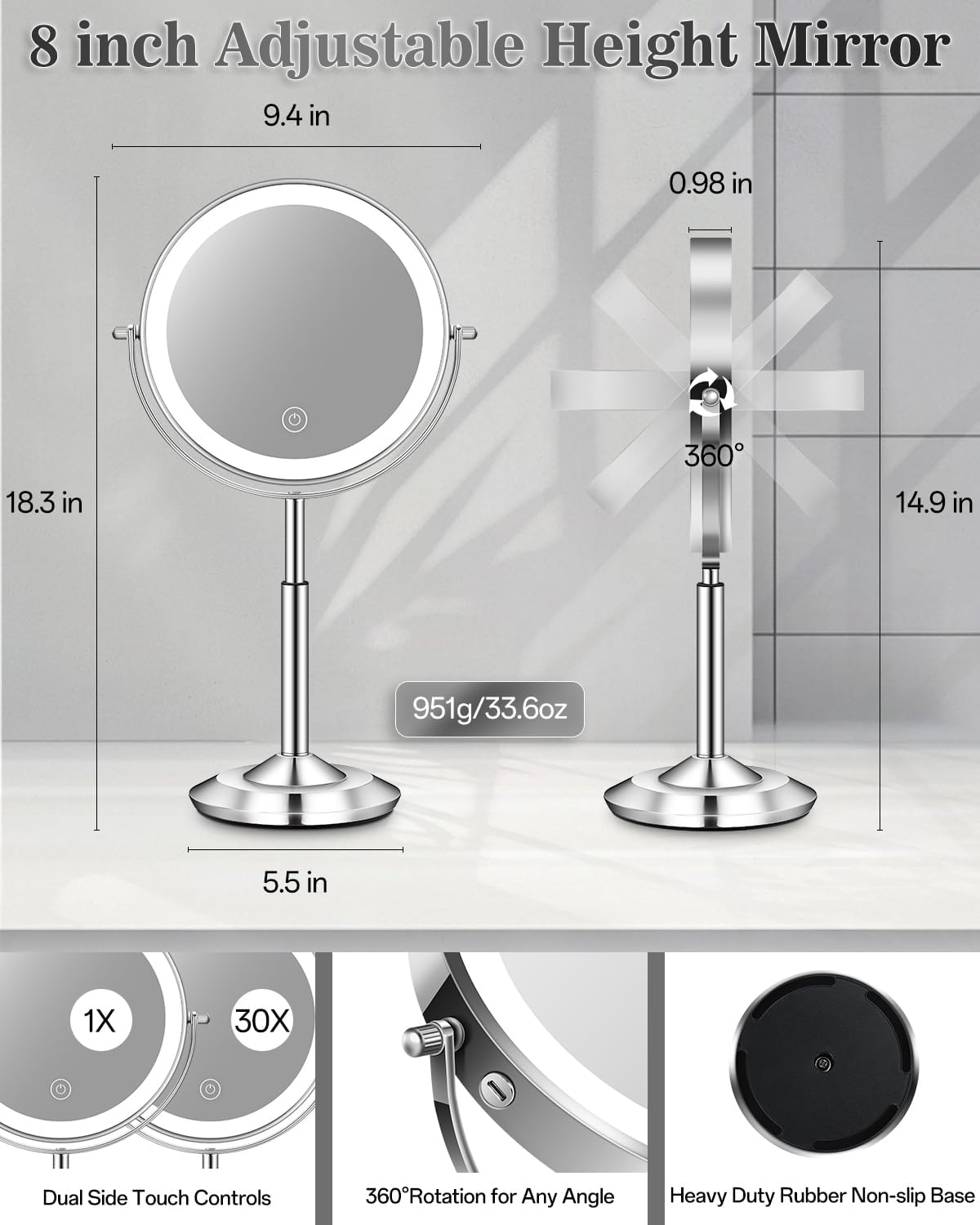 Lighted Makeup Mirror with Adjustable Height - 1X/30X Magnifying, 3000mAh Rechargeable, Dual-Sided Vanity Mirror with 3 LED Lighting Options | Perfect Gift for Women