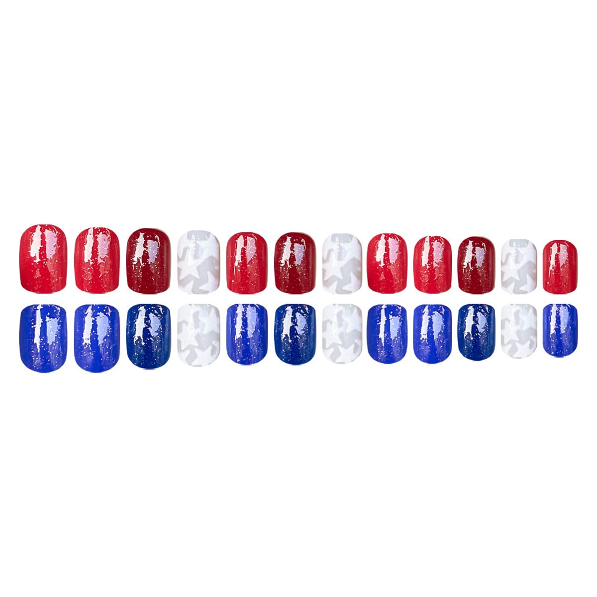 4th of July Press on Nails Short Square Fake Nails Red Blue Glitter Glue on Nail with Star Designs Independence Day Press ons Stick on Nail 4th of July Nails for Women Manicure 24Pcs