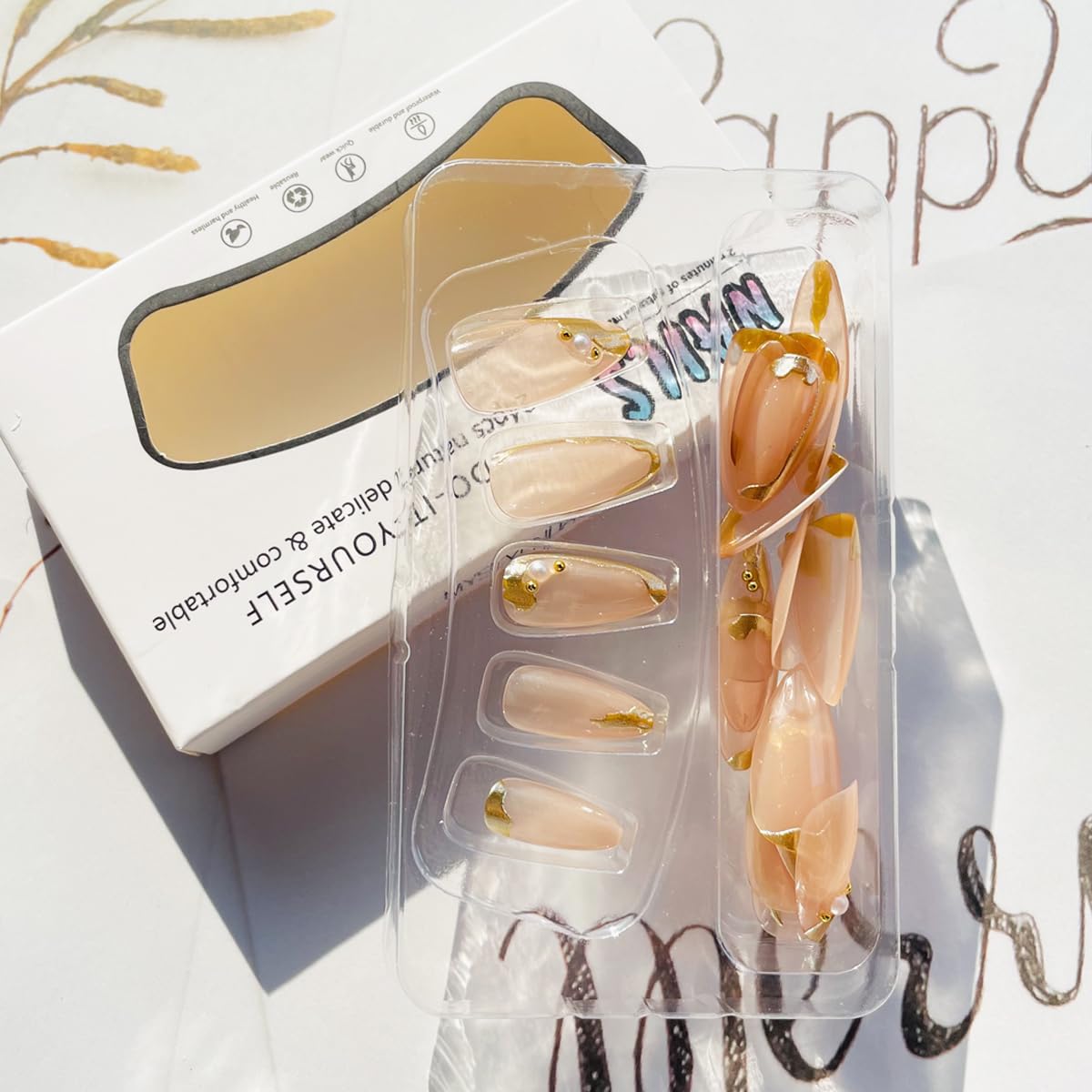 LRKNNO Almond Press On Nails Medium Fake Nails with 3D Pearl Designs Gold French Tip Nails Press Ons Reusable Acrylic False Nails Kit Nude Glossy Full Cover Stick on Nails for Women Manicure 24Pcs