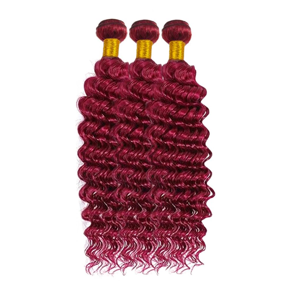 Red Bundle Human Hair Burgundy Deep Wave Bundles Human Hair Extensions Brazilian Virgin Hair 150g/3 Bundles 16 18 20 Inch 99J Red Deep Wave Bundle