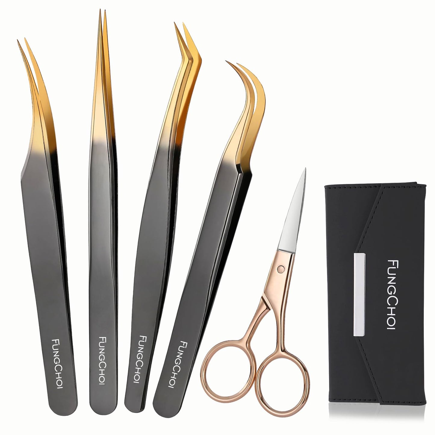 FungChoi 5pcs Eyelash Extension Tweezers, High Precision Lash Tweezers Scissors Set, Straight and Curved Eye Lash Tweezers for Extensions, with Storage Box