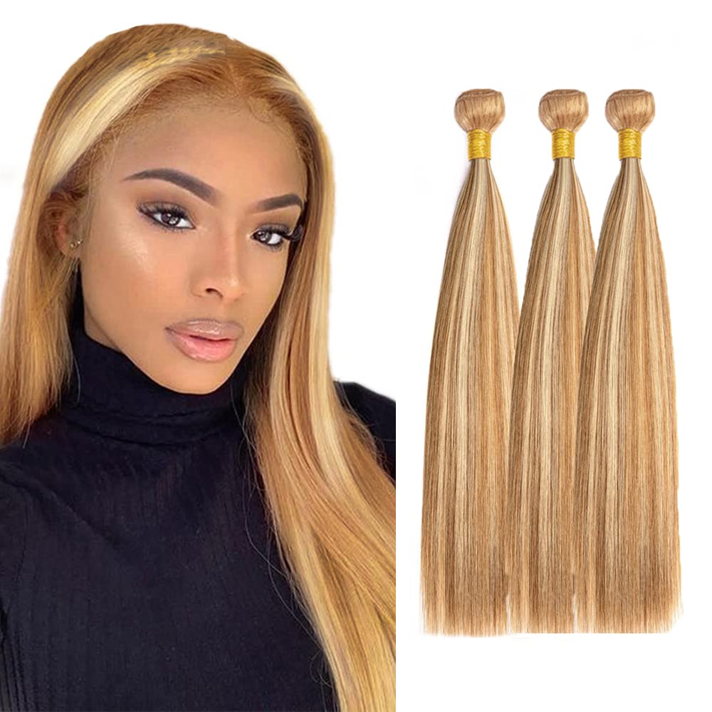 P27/613 Honey Blonde Bundles Human Hair Straight Bundles 30 32 34 Inch Highlight Blonde Unprocessed Brazilian Virgin Hair 3 Bundle Deals Quick Weave Hair Extensions 50 Gram Per Bundle