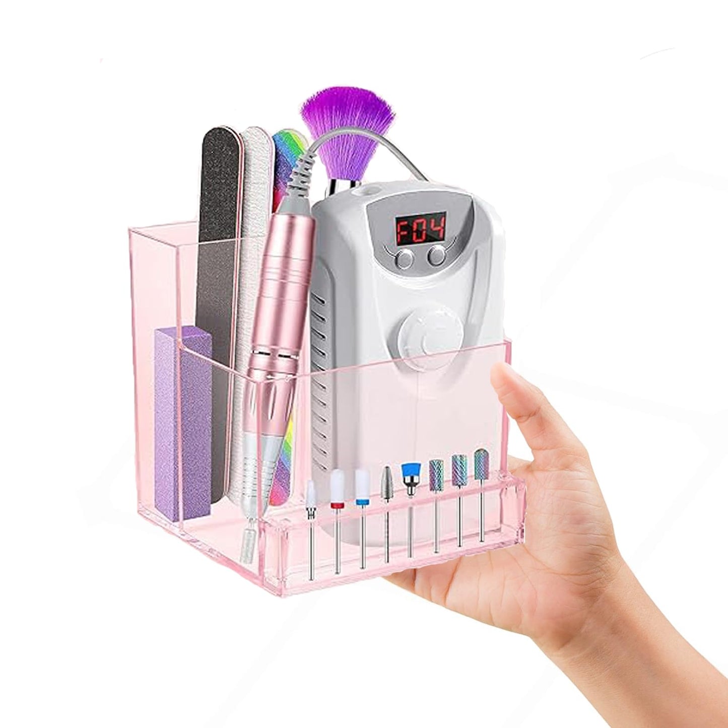 Sealhuan Mini Nail Drill Machine & Storage Box, Professional Nail Art Polishing Grinding Drill Bit Holder Display Organizer