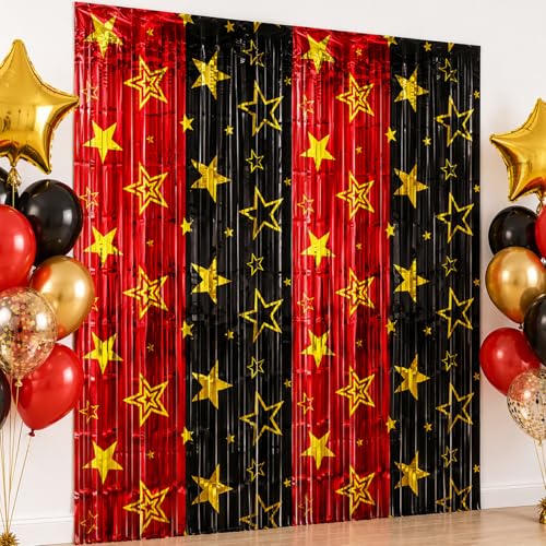 Movie Night Foil Fringe Curtains Backdrop - 2 Pack, 3.3 x 6.6 Ft Red & Black