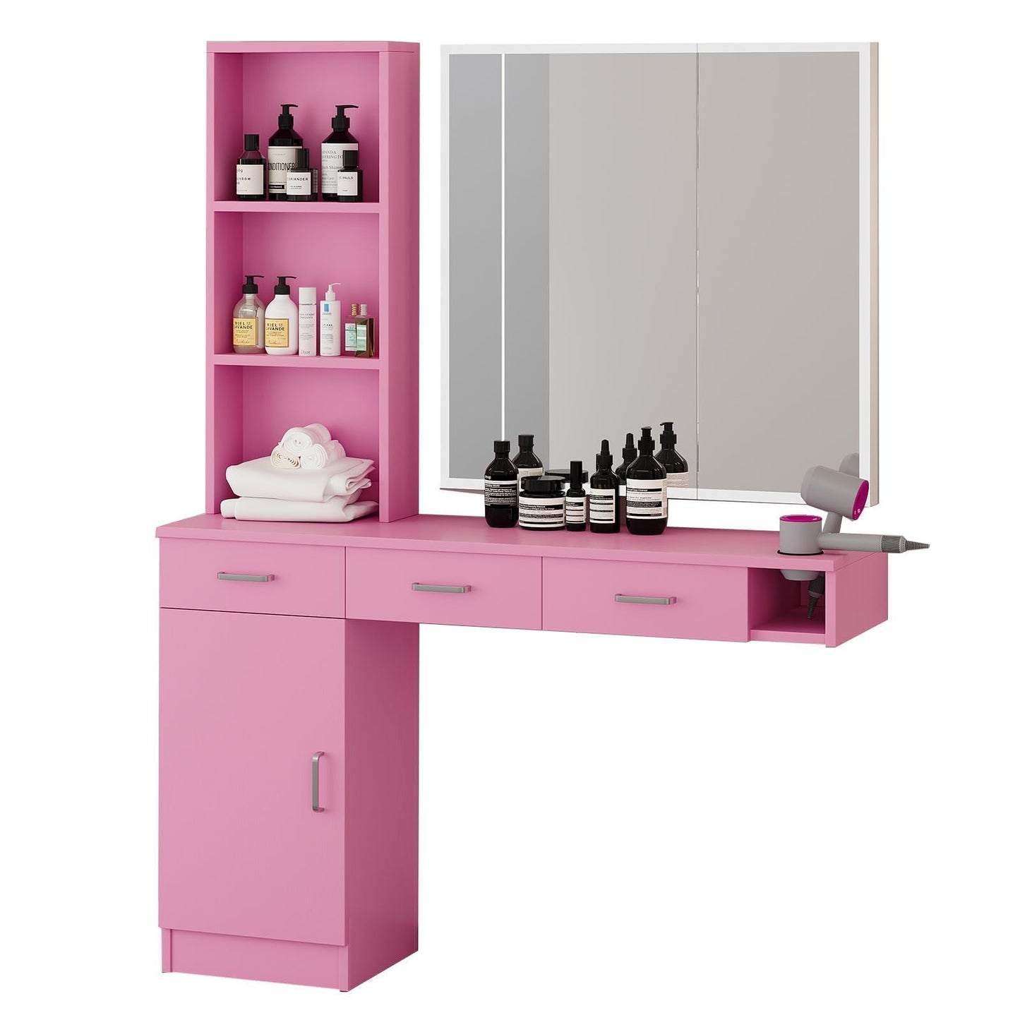 Salon Stations for Hair Stylist, Wall Mount Barber Station with Barber Cabinet, Hair Station Equipment Hair Dryer Holder, Drawers, Storage Cabinet for Hair Styling, Mirror not Included, Pink