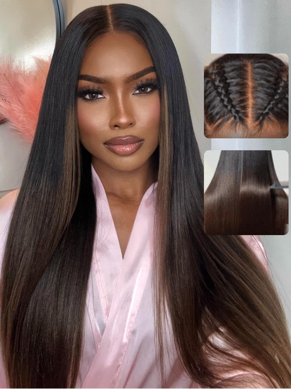 UNICE Chestnut Brown Ombre Yaki Straight 7x5 Pre Cut HD Lace Front Wigs Human Hair with Drawstring Bye Bye Knots Glueless Wig Pre Plucked Bleached Knots Natural Hairline 150% Density 20 inch