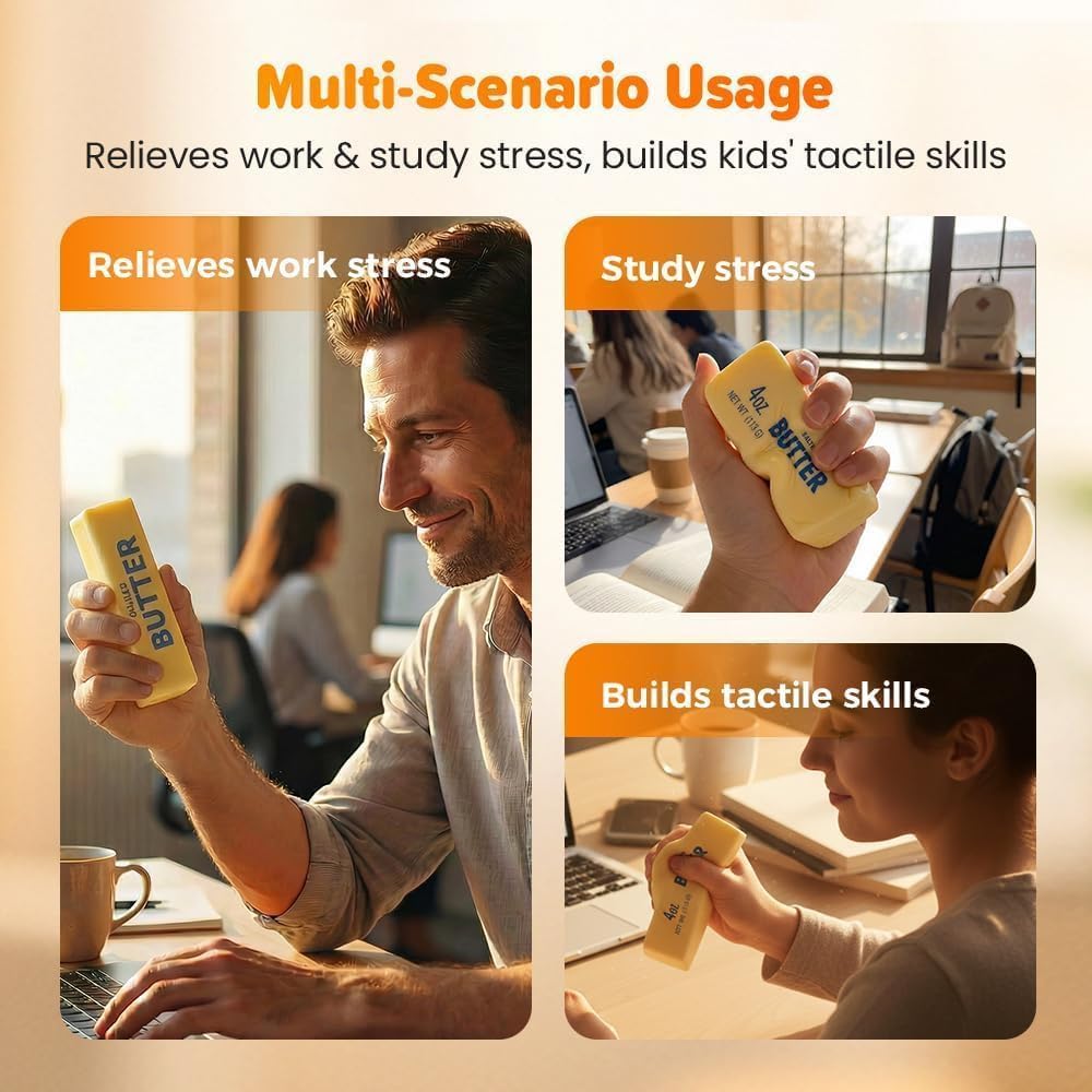 Slow Rebound Cute Butter Squeeze Stress Balls, 2026 New Squeeze Ball Realistic Butter Stick Soft Squeeze-Toys, Upgrade Stress Relief Fidget Toys Wet Slow Rebound Stress-Relief-Toy Yellow 3pcs