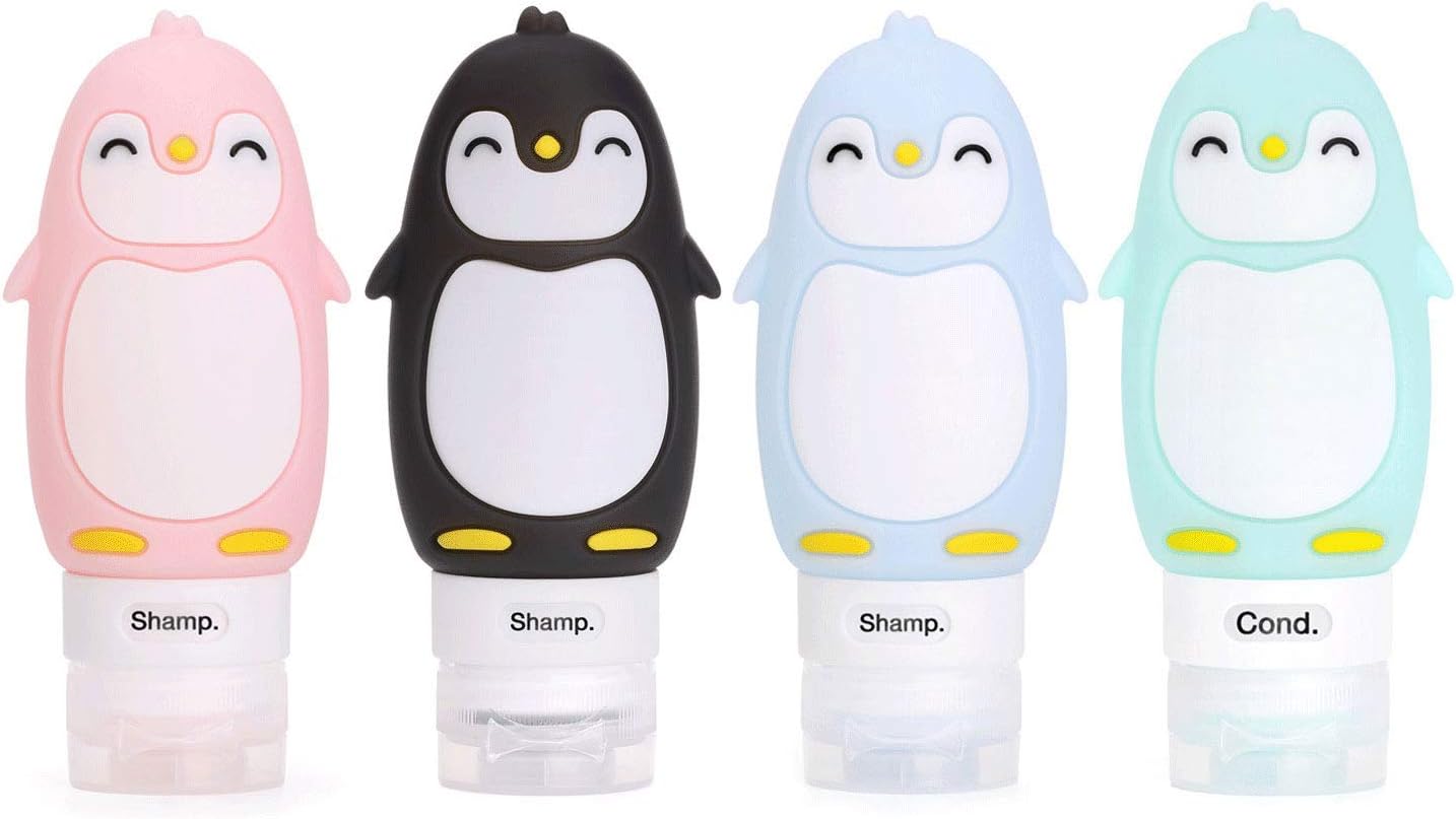 Leakproof Silicone Travel Bottles Set | 3oz Refillable Penguin Containers - TSA Approved, BPA Free