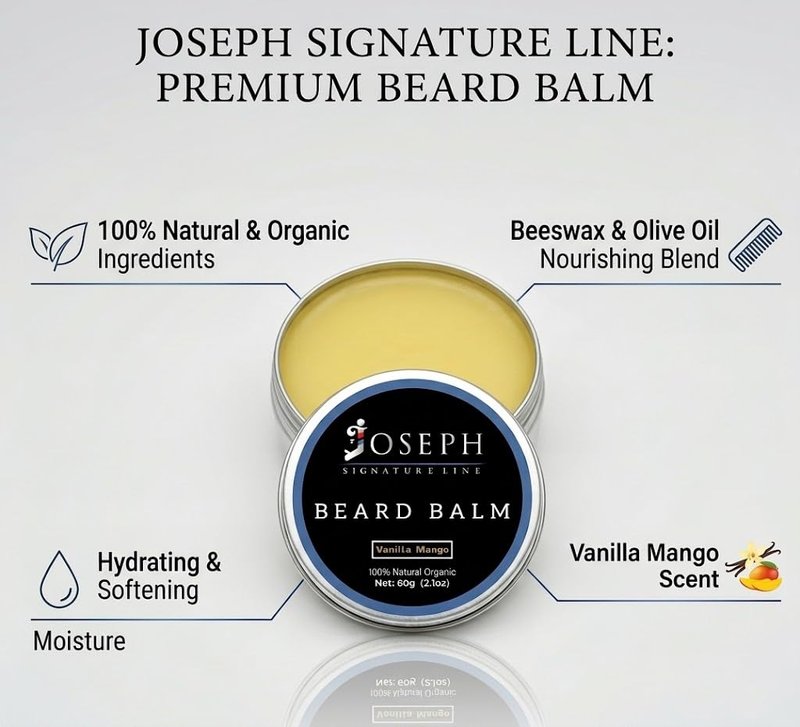 Joseph Signature Line Beard Balm for Men - Beard Growth Balm with Beeswax & Olive Oil - Moisturizing, Hydrating and Softening Cream - Vanilla Mango Scent - 2 oz