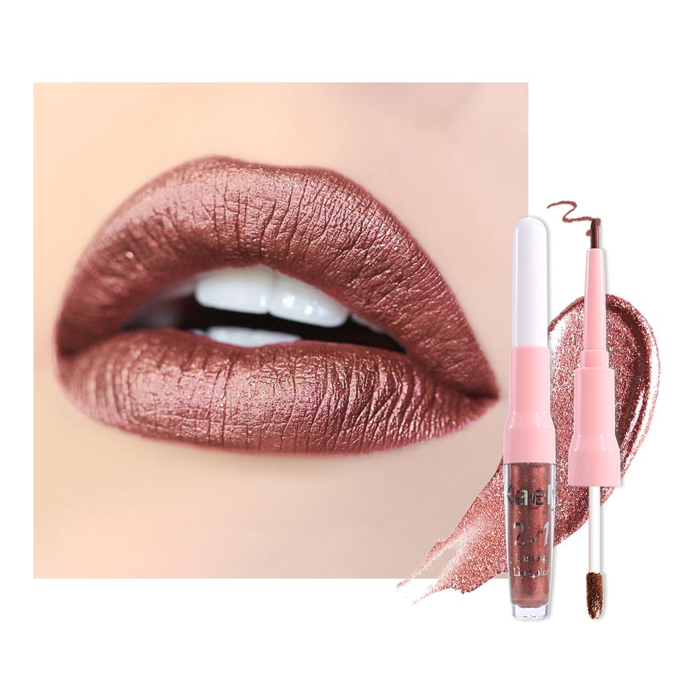 Dark Purple Red Metallic Glitter Lip Liner & Lipstick Combo - Long Lasting Waterproof Liquid Lipstick Set for Women | Iridescent Shine, Non-Stick Cup