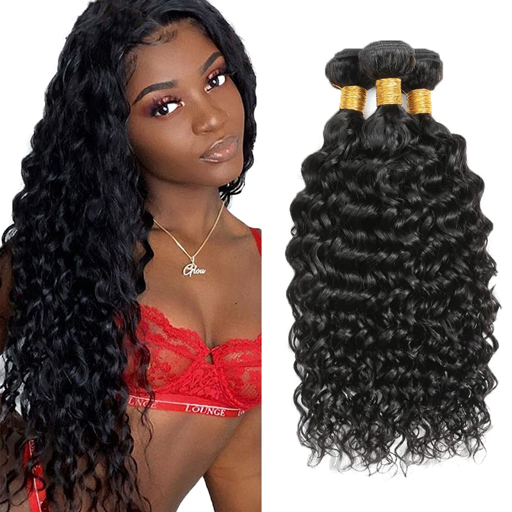 22 24 26 Inch Water Wave Bundles Human Hair Bundles #1B Natural Black Color Water Wave 3 Bundles 50g/Bundle Unprocessed Brazilian Virgin Weave Hair Extensions for Black Women
