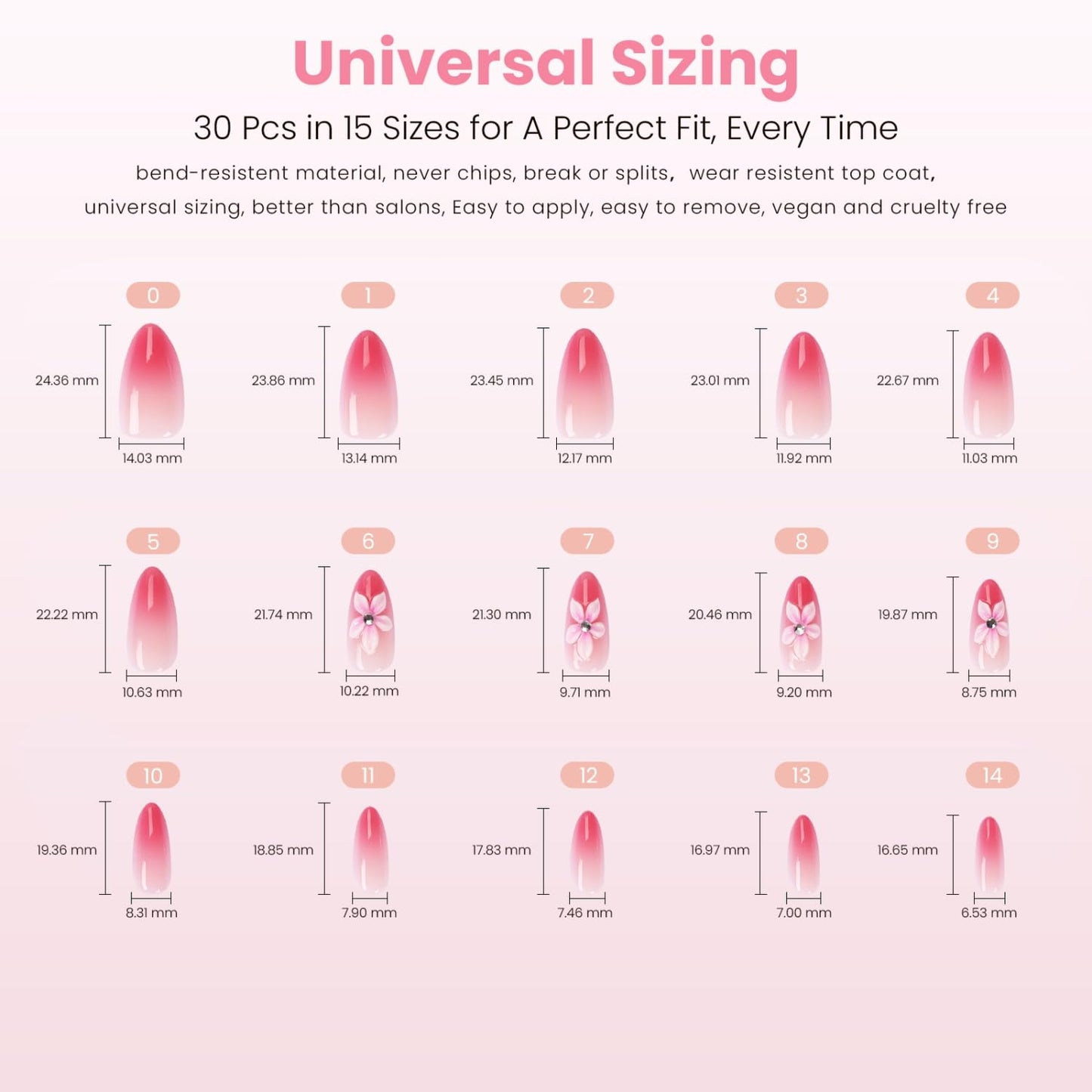 Nail Reformation Press On Nails, Tropical Orchid | Pink to Magenta Ombré Medium Almond Fake Nails with 3D Accents, Glossy Reusable Stick On Nails Kit - 30 Pcs in 15 Sizes with Glue, Gifts for Women