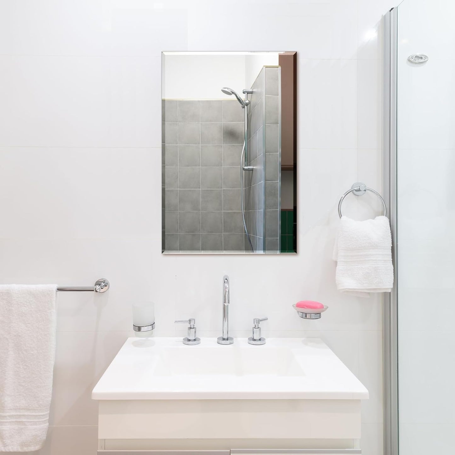 Frameless Bathroom Mirror - Rectangle Beveled Edge, Shatterproof Tempered Glass | 24" x 16" for Versatile Hanging