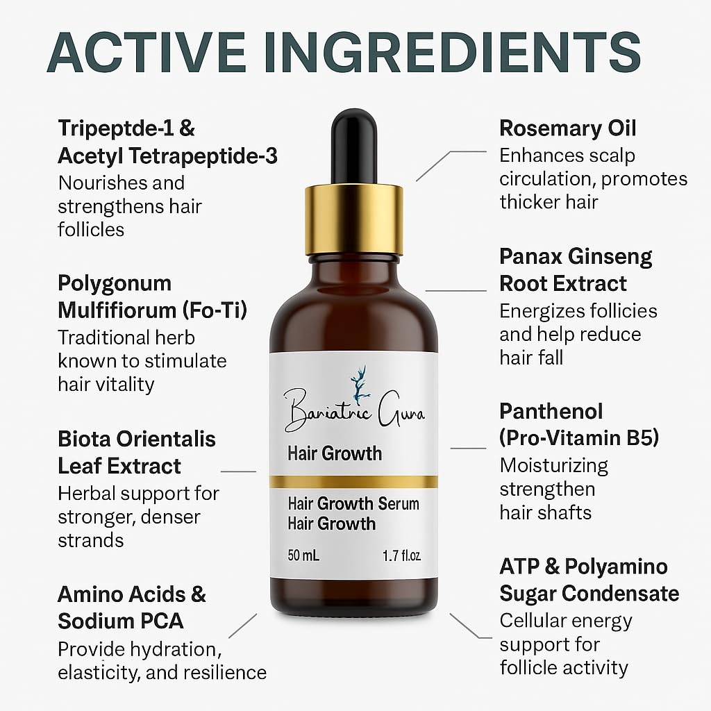 Bariatric Guru Hair Growth Serum with Multi-Peptides, Rosemary Oil, Biotin, Fo-Ti & Ginger – Nourishing Scalp Oil for Thinning Hair, Supports Thickness & Fullness for Women & Men, 50ML