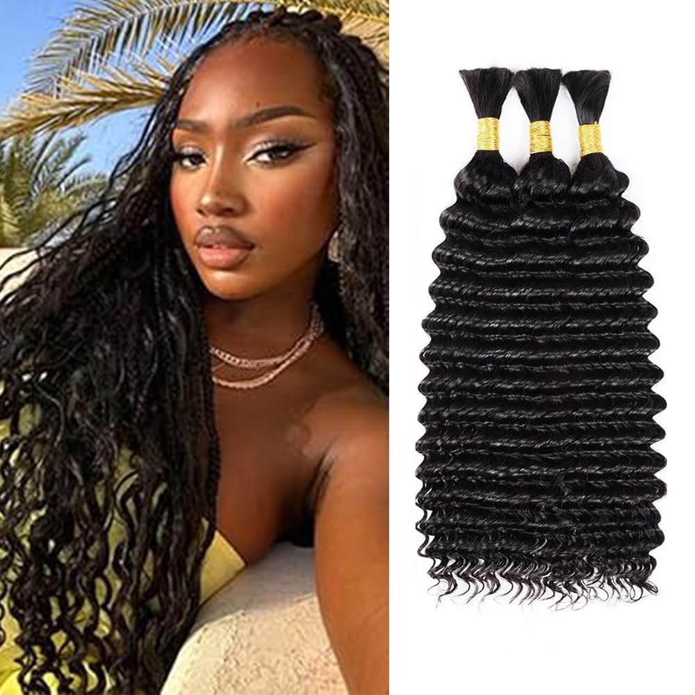 20 20 20 Inch Bulk Human Hair for Braiding Deep Wave 1B Natural Black Color Human Braiding Hair Extensions for Boho Braids Deep Wave Virgin Curly Bulk 3 Bundles Total 150g