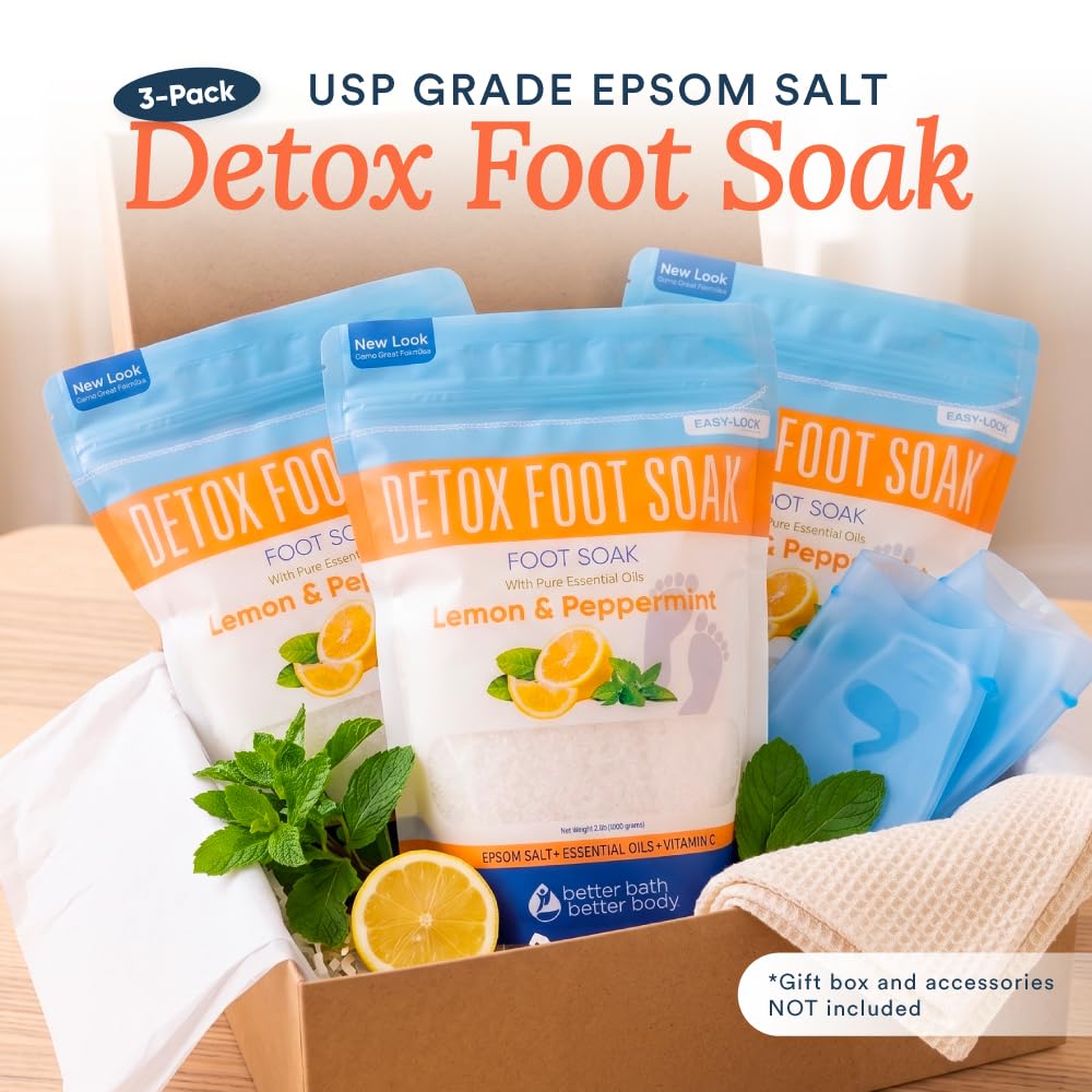 Detox Foot Soak (3 Pack) Epsom Salt Soothing Soaks and Athlete's Foot Detox with Essential Oils in BPA Free Pouch with Press Lock Seal (Bundle with Three 2 Lbs Pouches 6 Lbs Total)