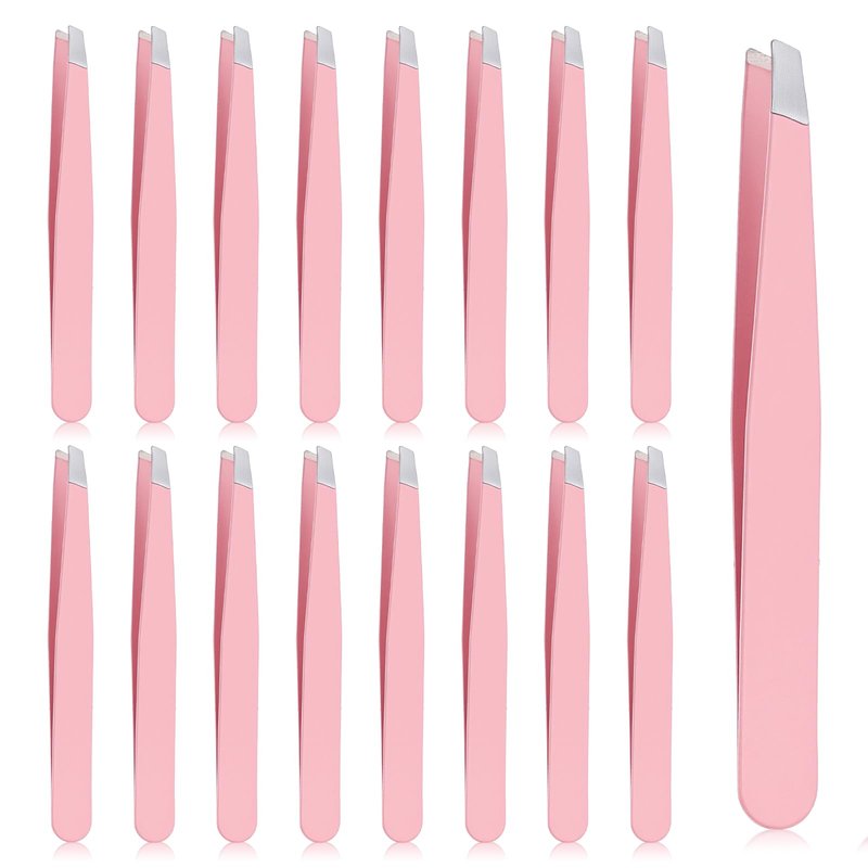 16 Pcs Pink Tweezers Set, Slanted Eyebrow Tweezers for Women Facial Hair Stainless Steel Slanted Tip Tweezer with Cover Pink Precision Tweezer Bulk for Ingrown Hair, Eyebrows, Lash Extension