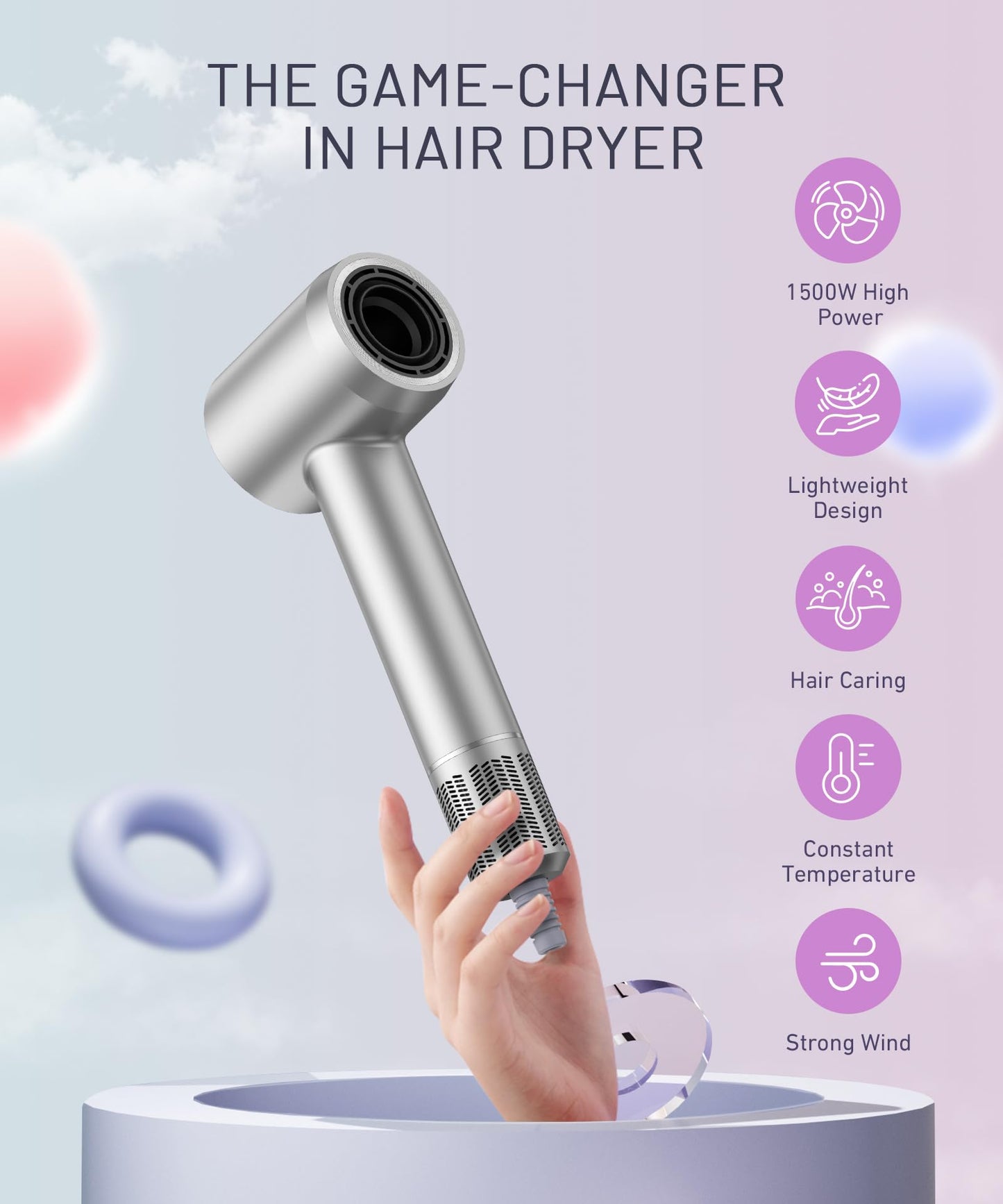 Cosy Companions High-Speed Ionic Hair Dryer, 150000 RPM Brushless Motor for 2-5Min Fast Drying, Low Noise Blow Dryer Reduces Frizz & Heat Damage, Lightweight Hair Dryer with Diffuser & Nozzle, Silvery