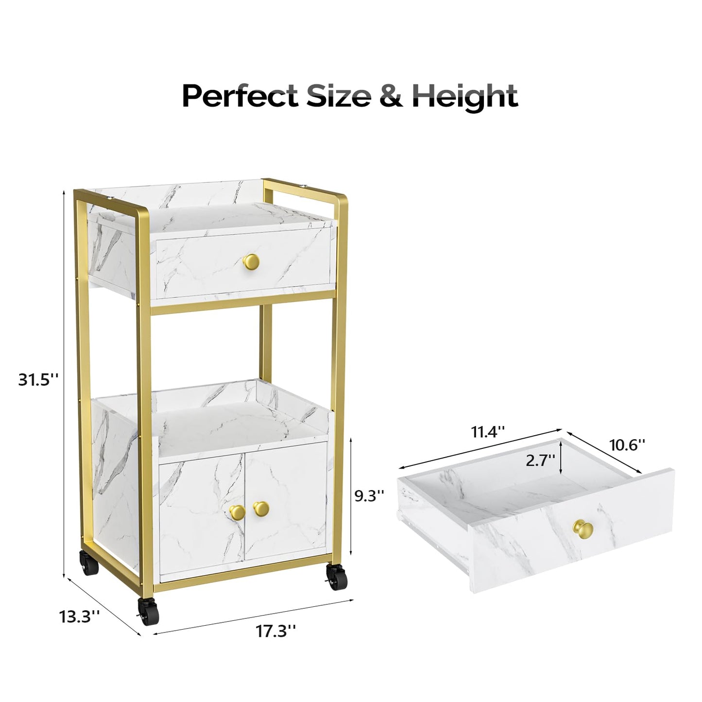 OmySalon Salon Trolley Cart, Esthetician Cart with Wheels & 1 Drawer Cabinet, Hair Stylist Cart for Beauty Spa Massage Tattoo Esthetic Facial Tool Holder Station, White Marble