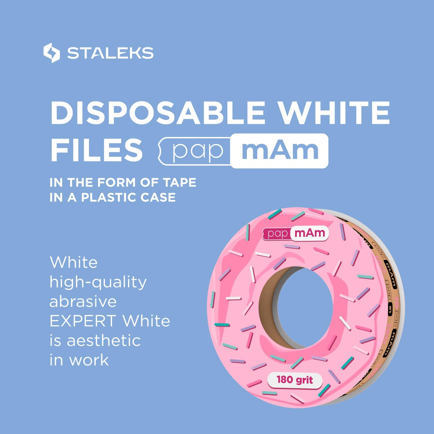 STALEKS PRO Disposable White Abrasive Tape papmAm Expert – 180 Grit – 7m Roll – Glueless Replaceable Abrasive for Plastic Case – Professional Nail Shaping – Manicure & Pedicure