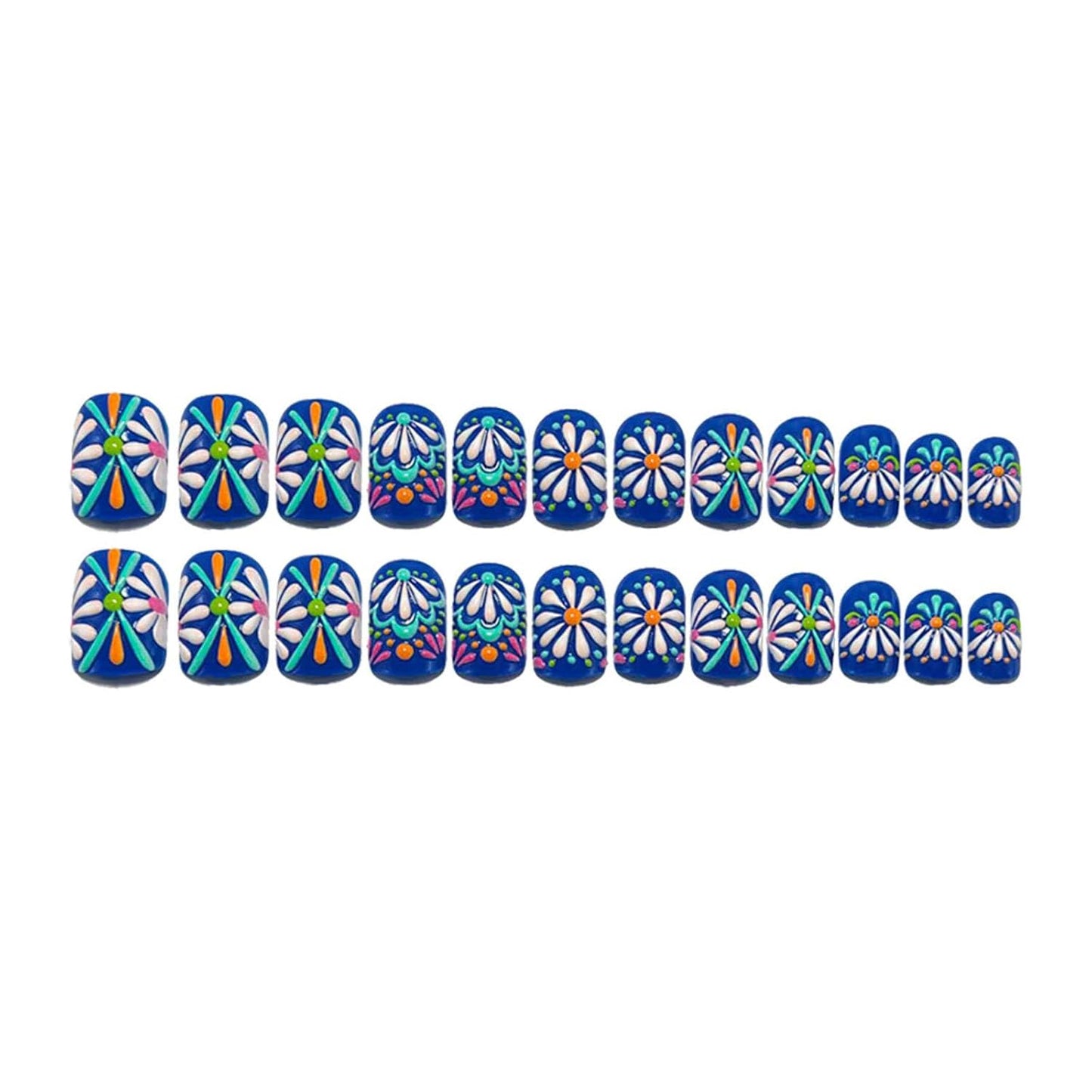 3D Flower Press On Nails | 24 Pcs Short Square Fake Nails with Blue Daisy Designs for Spring & Summer Manicure