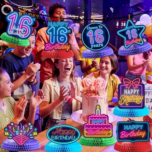 Happy 16th Birthday Honeycomb Centerpieces - 8 Pack Table Decorations