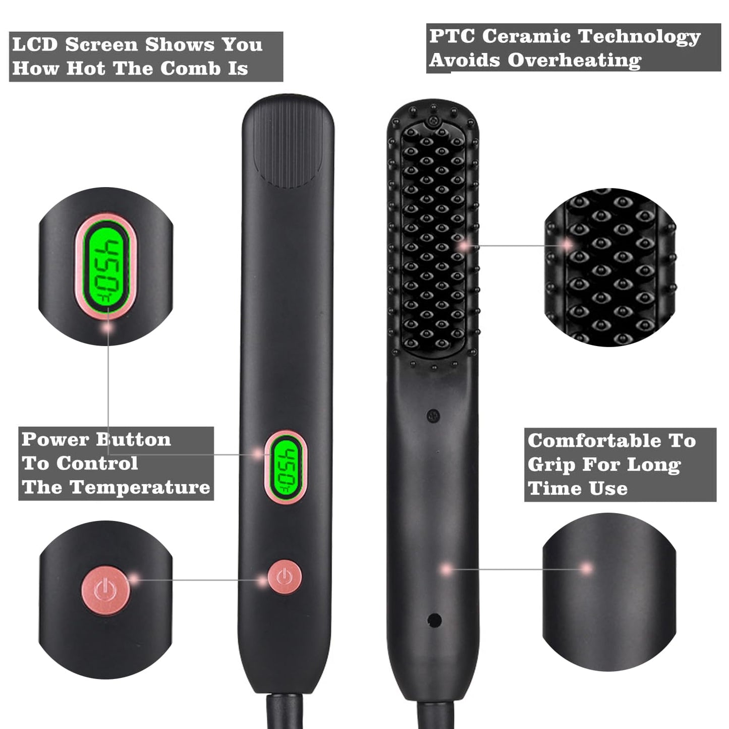 BenRich Beard Straightener for Men, Ceramic Ionic Heated Beard Brush, Anti-Scald, 5 Temp LCD Display, Electric Beard Styler, Travel Home Use, Gifts for Men Husband Birthday, Father's Day, Anniversary