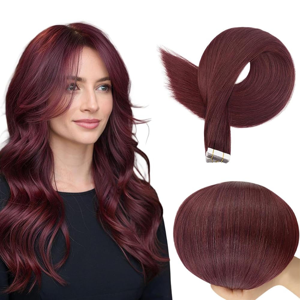 24 Inch #99J Burgundy Tape in Extensions Human Hair Wine Red Straight Tape in Seamless Extensions Real Human Hair Skin Weft Seamless Invisible Remy Hair 40g 10Pcs.