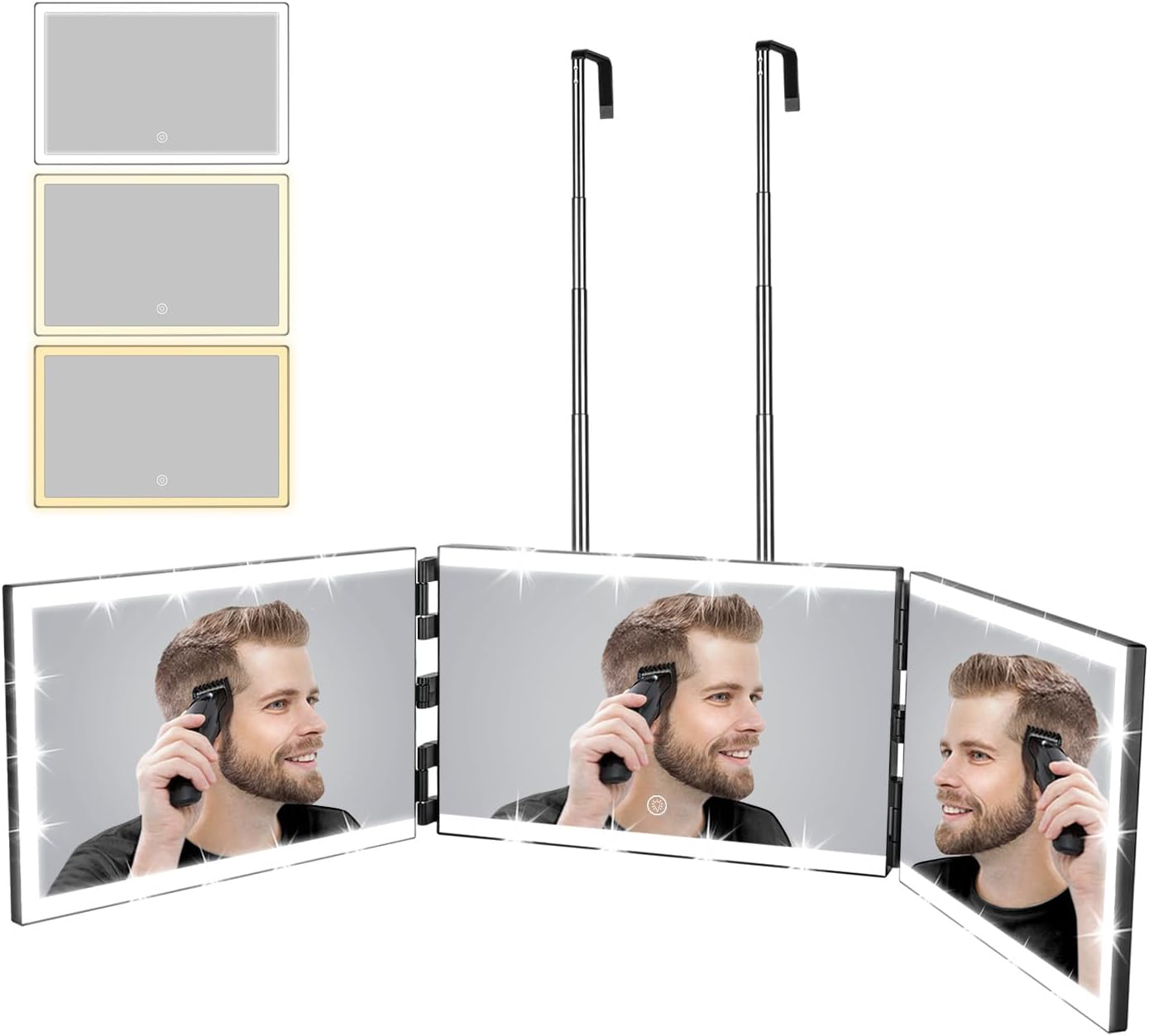 XIGETRAIL Rechargeable 3-Way Mirror - 8 LED Light Strips & Telescoping Hooks for Hair Cutting, Makeup, & Styling