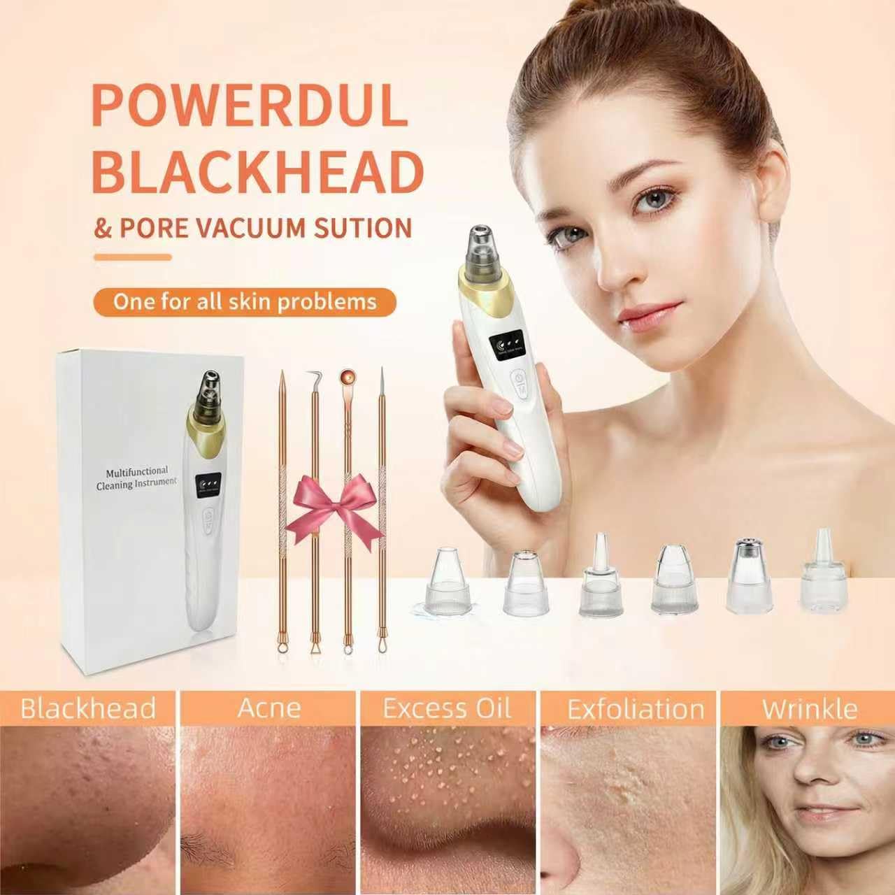 Pore Vacuum Blackhead Remover - USB Rechargeable, 3 Adjustable Levels, 5 Suction Powers, 6 Probes | Face Cleanser for Women & Men - Gold
