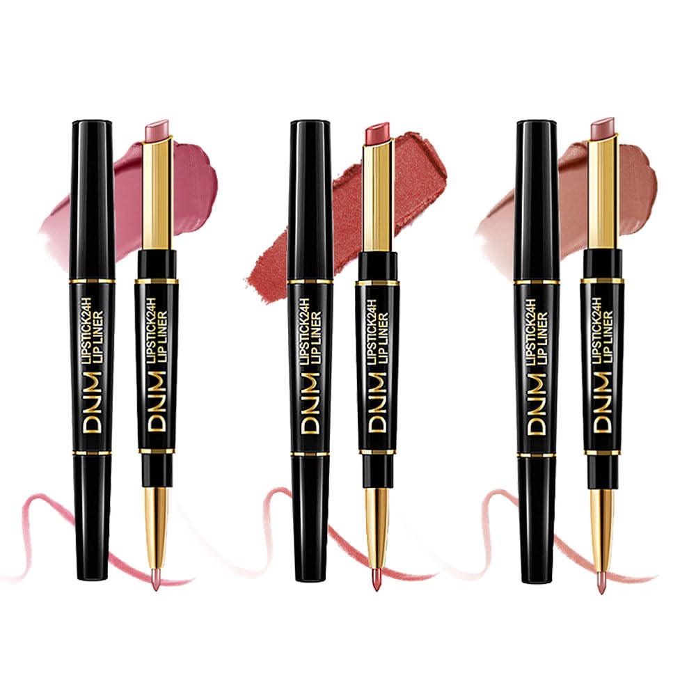 HHLTOH 3Pcs 2-in-1 Lip Liner and Lipstick Set for Women, Nude Brown Rose Gold Matte & Metallic Shimmer Lip Kit, Long-Lasting Waterproof Non-Drying Lipstick for Mature Skin, Vegan & Cruelty-Free