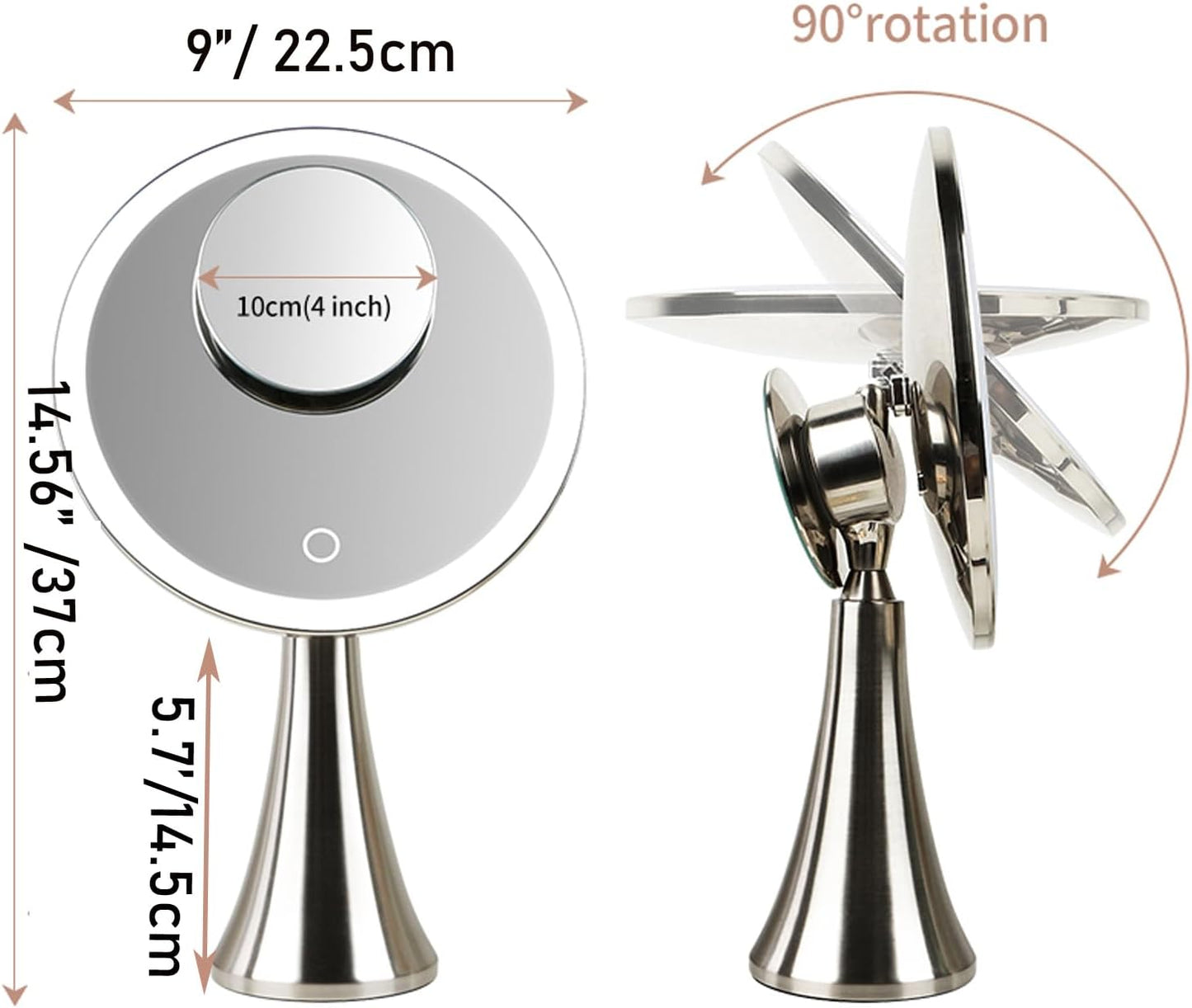 Lighted Round Makeup Vanity Mirror - 5X/10X Dual Magnification, Rechargeable & Touch Control | Ultra Bright LED, Brushed Stainless Steel