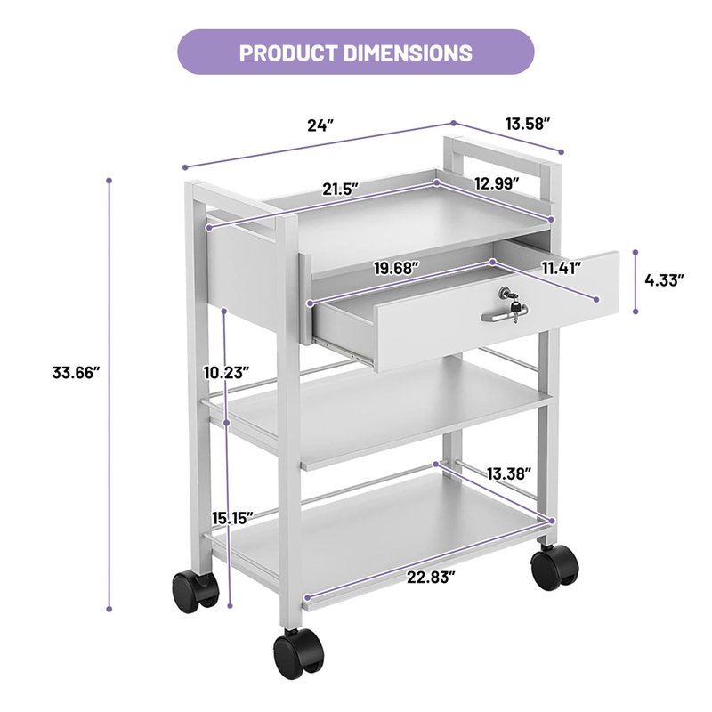 biosp Salon Trolley Cart, 3 Tier Trolley On Wheels, Wooden Medical Dental Esthetic Mobile Utility Cabinet with Steel Frame, White Rolling Storage Station with 1 Lockable Drawer for Spa, Massage