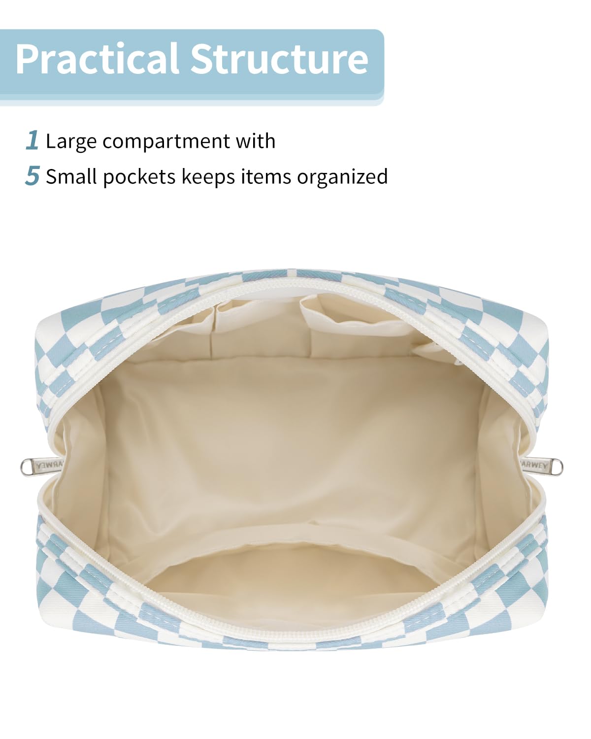 Checkered Makeup Bag - Travel Cosmetic Organizer with Compartments | Large Sky Blue Checkerboard
