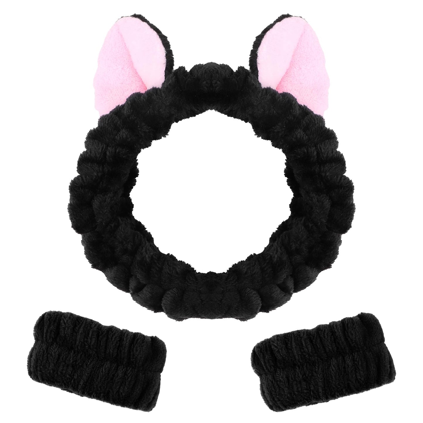 CAVETEE 3 Piece Headband and Wristband Set for Women, Dark Brown Cat Ear Elastic Spa Hairband, Face Wash Elastic Wristbands for Shower, Facial, Makeup, Skincare, Hair Care Accessories