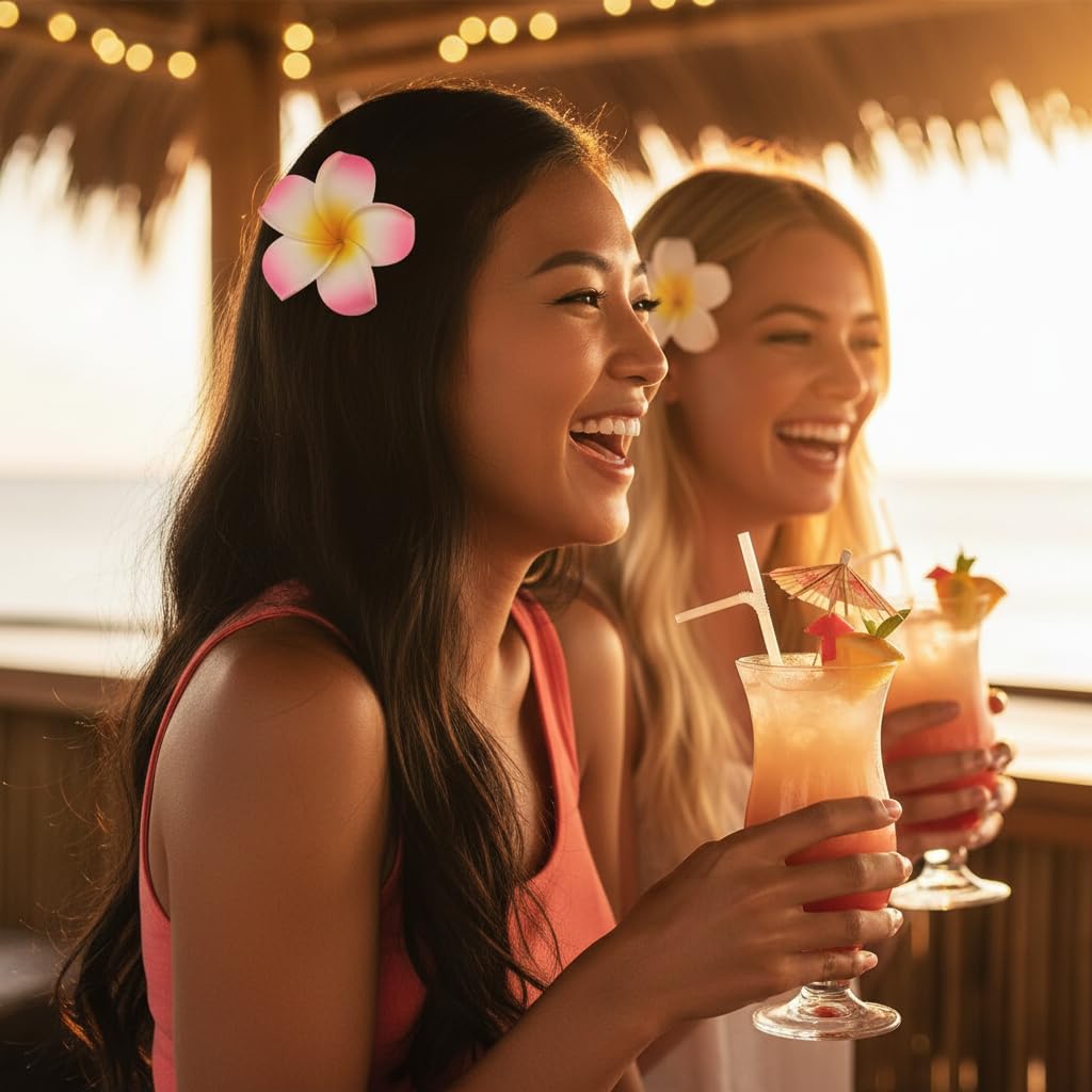 Hawaiian Frangipani Foam Hair Clips - 4 Pcs White & Pink Floral Accessories | Party & Beach Use