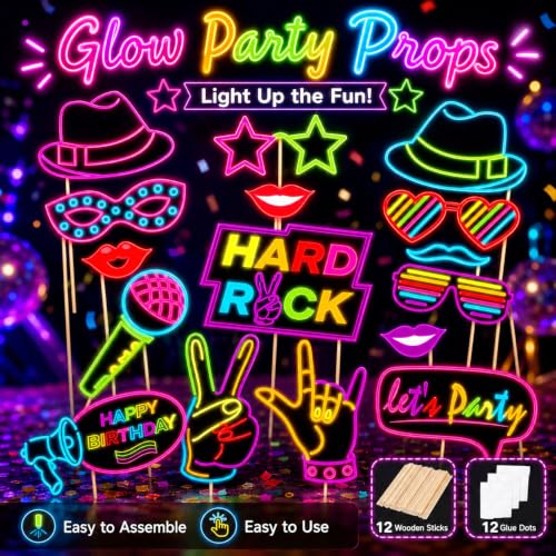16 Pcs Neon Photo Booth Props for Birthday & Disco Parties