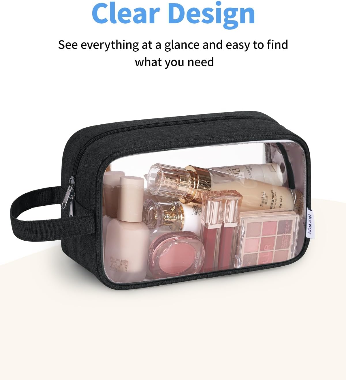 Clear Travel Toiletry Bag - Makeup Organizer with Zipper & Handle | Versatile Cosmetic Pouch for Men & Women - Black