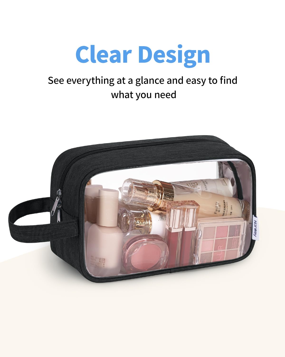 Narwey Clear Travel Toiletry Bags for Traveling Toiletries Men Women, Clear Makeup Bag Cosmetic Bag with Zipper, Make Up Pouch Organizer Bag with Handle, Skincare Beach Snack Medicine Bag, Black