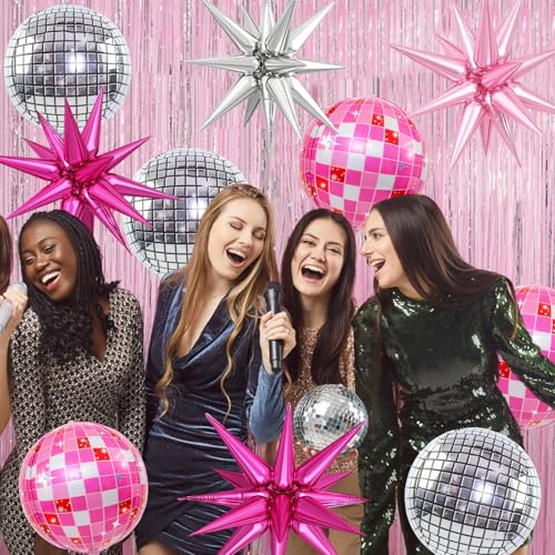 10pcs Disco Ball Party Balloons - Pink & Silver Mylar Decorations