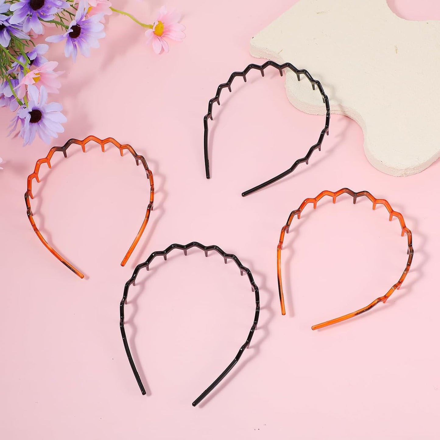 Zig Zag Hairbands - 4-Piece Set of Wavy Plastic Headbands for Women | Black & Amber Colors