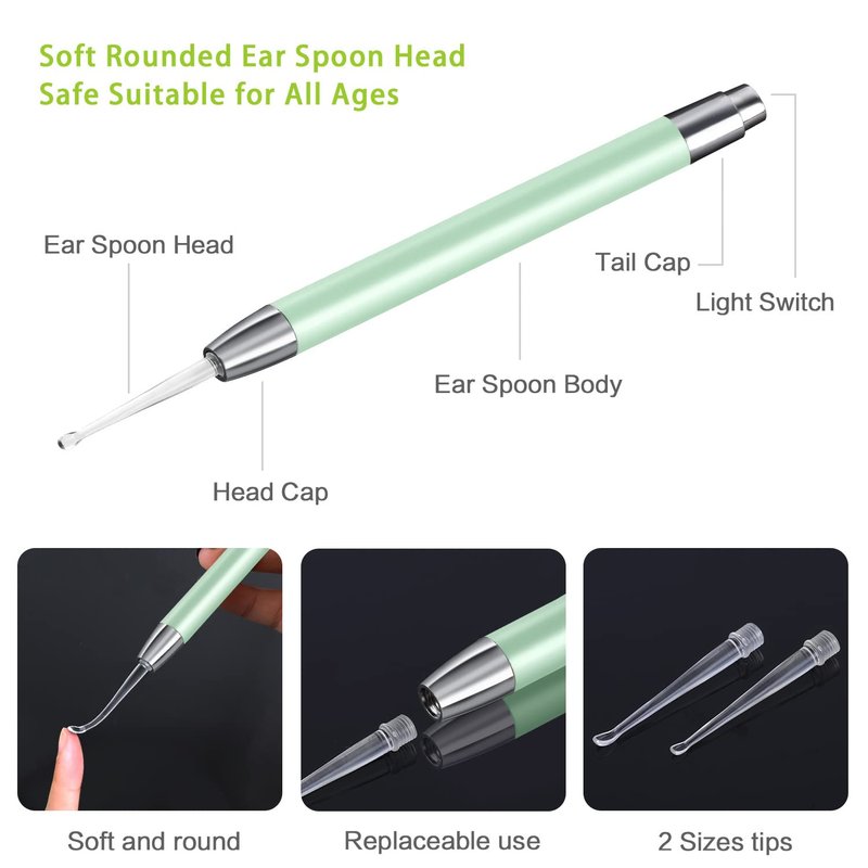 4 Pack Ear Wax Removal Tool Kit with Light, Ear Pick Ear Cleaning Tools Set for Kids and Adults, Ear Picks Digger & Tweezers & Spiral Spring Ear Spoon with Storage Box (Green)